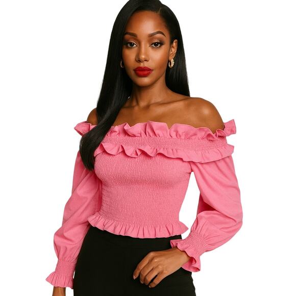 SHEIN Tops - Shein Smocked Blouse Womens Medium Pink Stretch Off Shoulder New